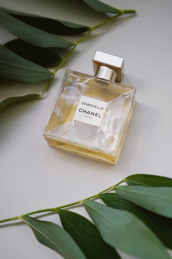 Gabrielle Essence Eau De Parfum on a white background surrounded by tropical leaves.